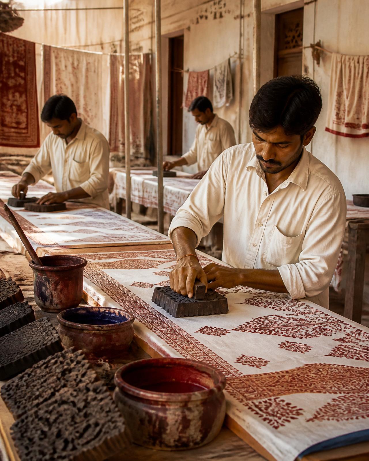 Artisans hand block-printing heritage textiles